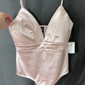 Bodysuit top- v-neck, pink, satin, spaghetti straps.